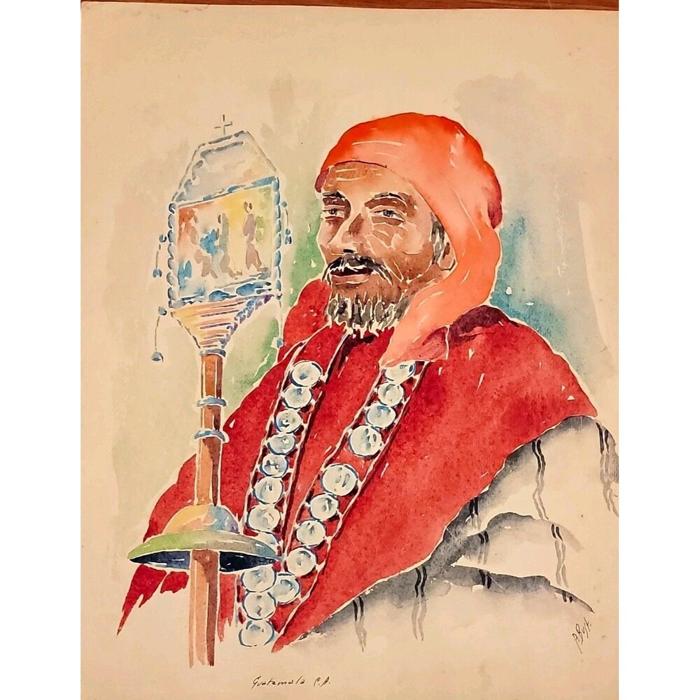 Solola Original Watercolor Paper Portrait Man in Red Hooded Robe, Signed vintage